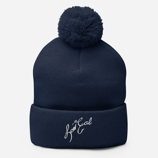 Signature Pom-Pom Beanie White Text